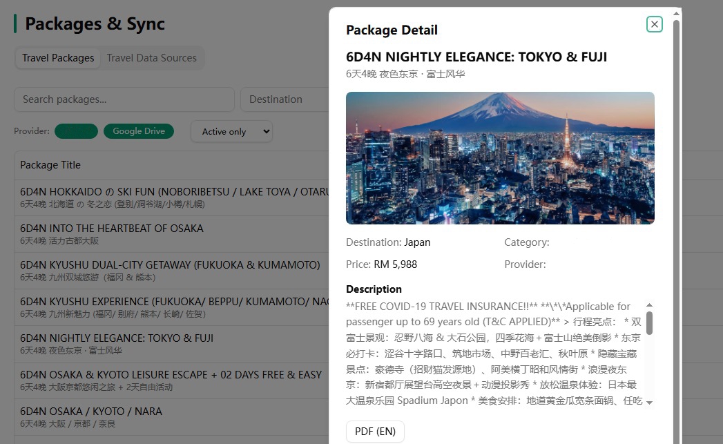 Ally Travel — Packages & Sync dashboard